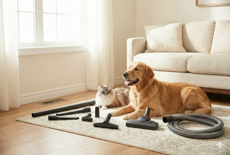 Golden Retriever and Ragdoll cat lying on a beige rug next to essential central vacuum accessories, including a turbo brush, floor tool, and upholstery nozzle.