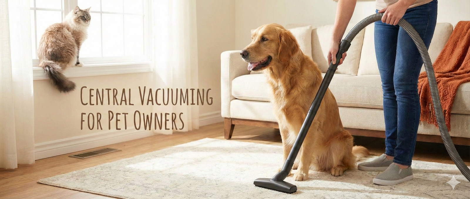 Golden Retriever and cat lying on a living room rug next to a central vacuum hose, floor brush, and upholstery tool attachments.