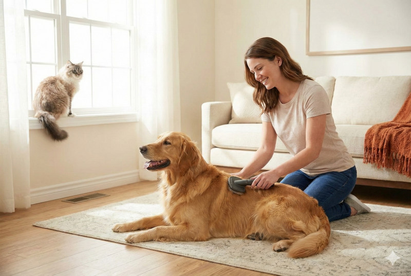 Woman using a deshedding brush on a dog in a living room to prevent hair buildup on carpets and furniture.