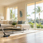 Woman vacuuming a bright Boca Raton living room in the morning sunlight