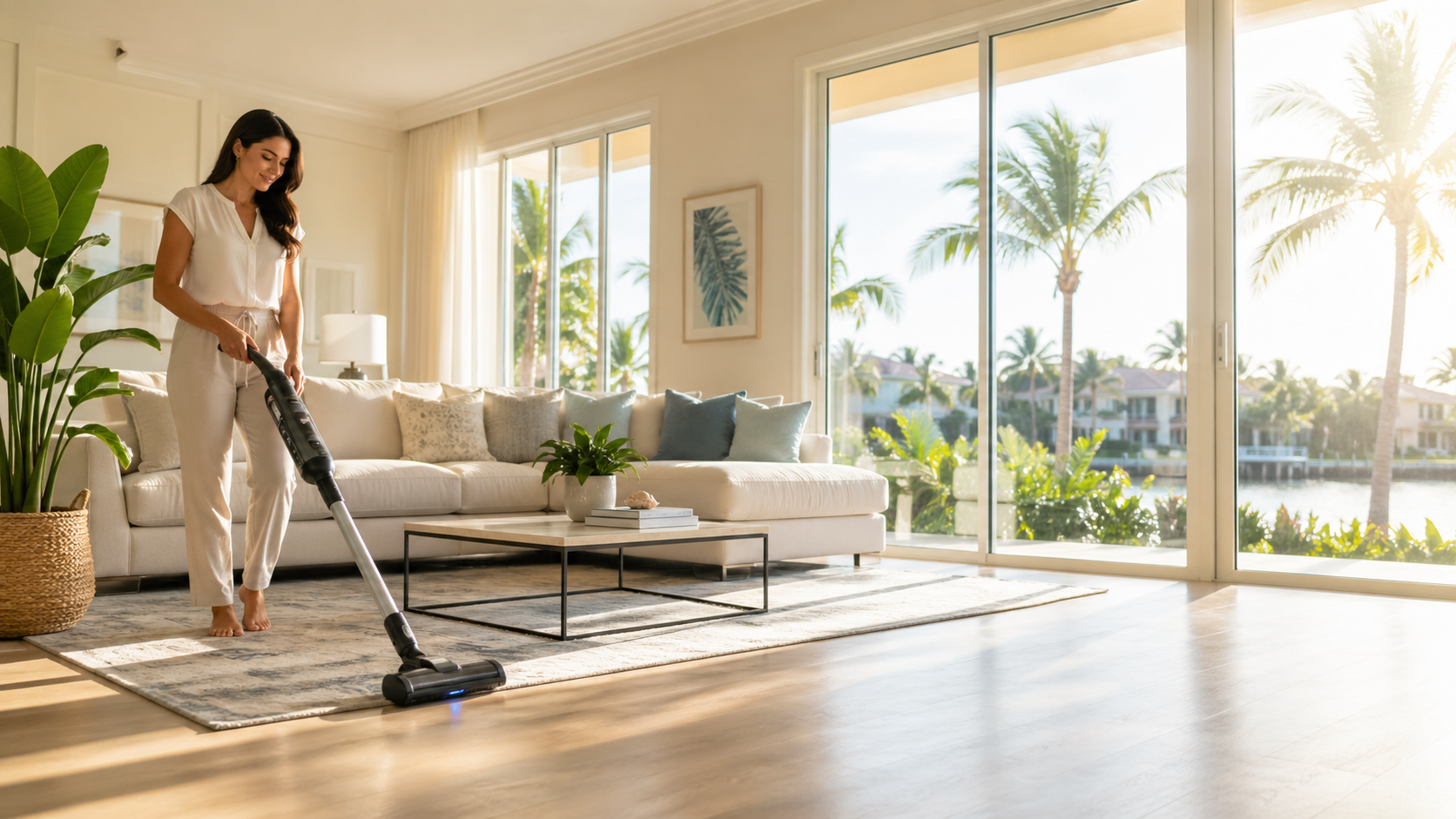 Woman vacuuming a bright Boca Raton living room in the morning sunlight