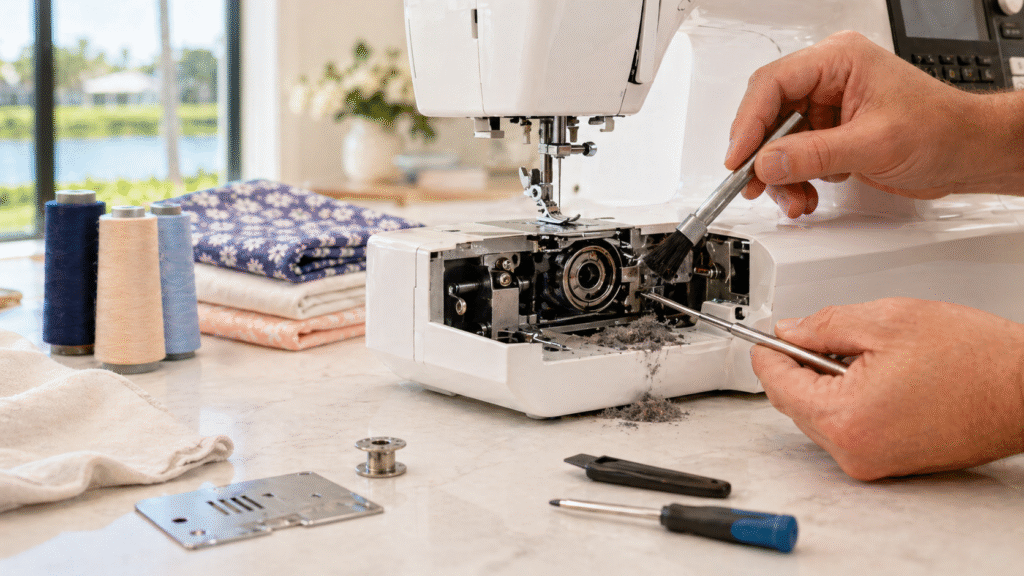 Technician cleaning lint from the inside of a sewing machine during maintenance in Parkland