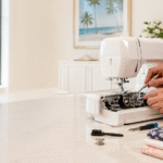 Technician performing a sewing machine tune-up in a bright Parkland sewing room