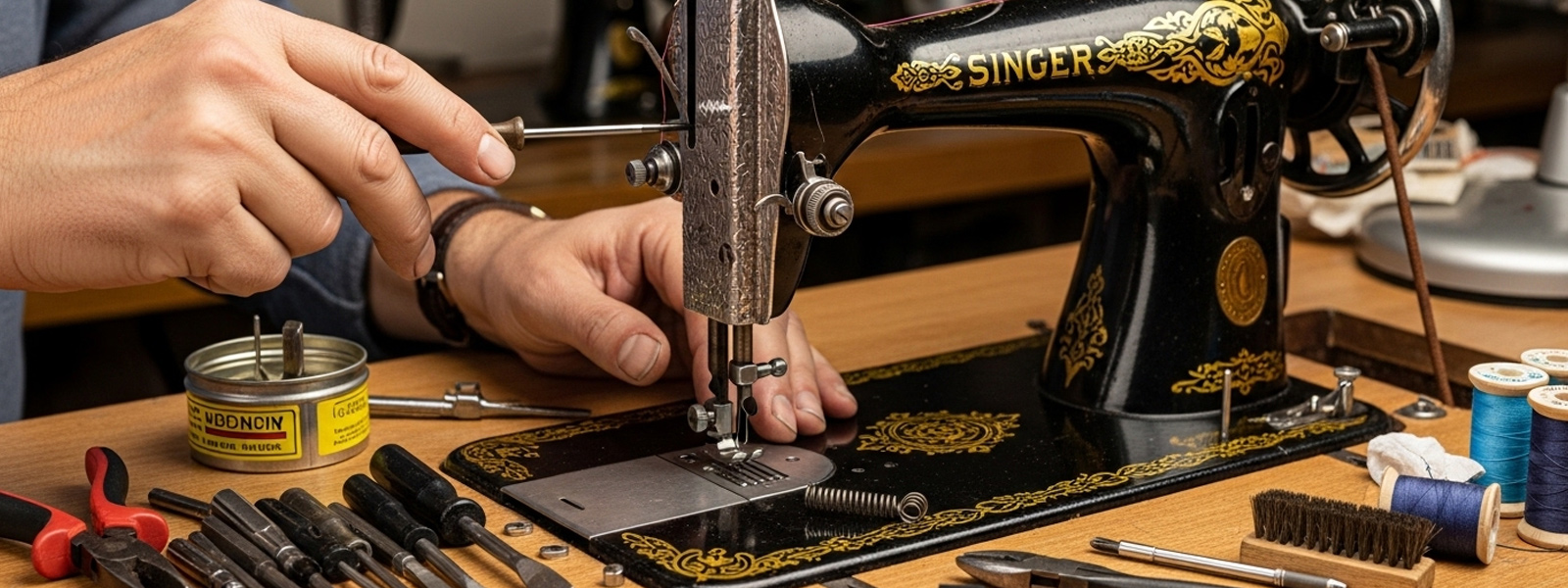 Sewing machine on a work table with fabric and repair tools