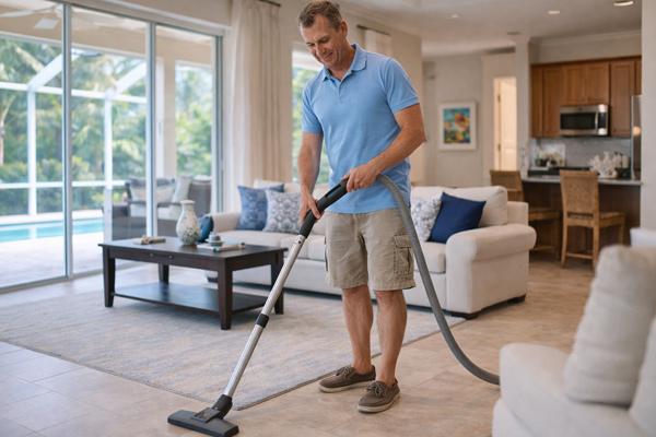Person vacuuming a living room with upgraded central vacuum filtration