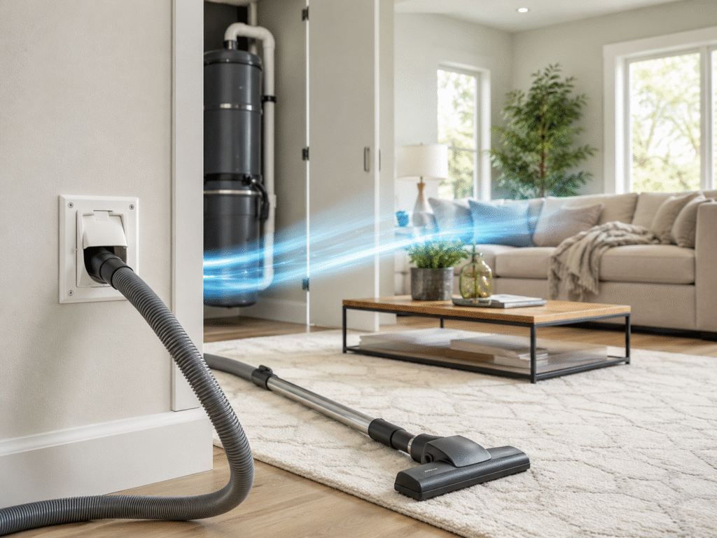 Central vacuum hose connected to a wall inlet in a clean living room, showing airflow from the vacuum system.