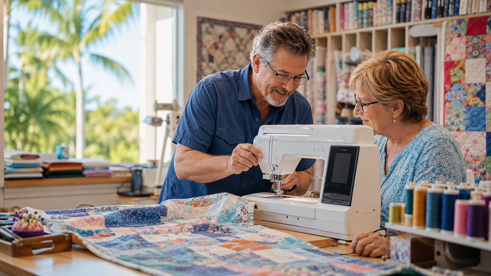 Local sewing machine technician helping a West Boca quilter with in-house sewing machine repair