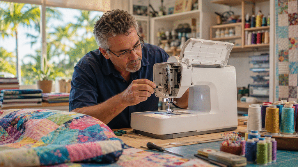 Technician performing in-house sewing machine repair for a West Boca quilter