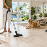 Central vacuum hose and upright vacuum in a bright Broward County home with tile floors, pet hair, and sand.