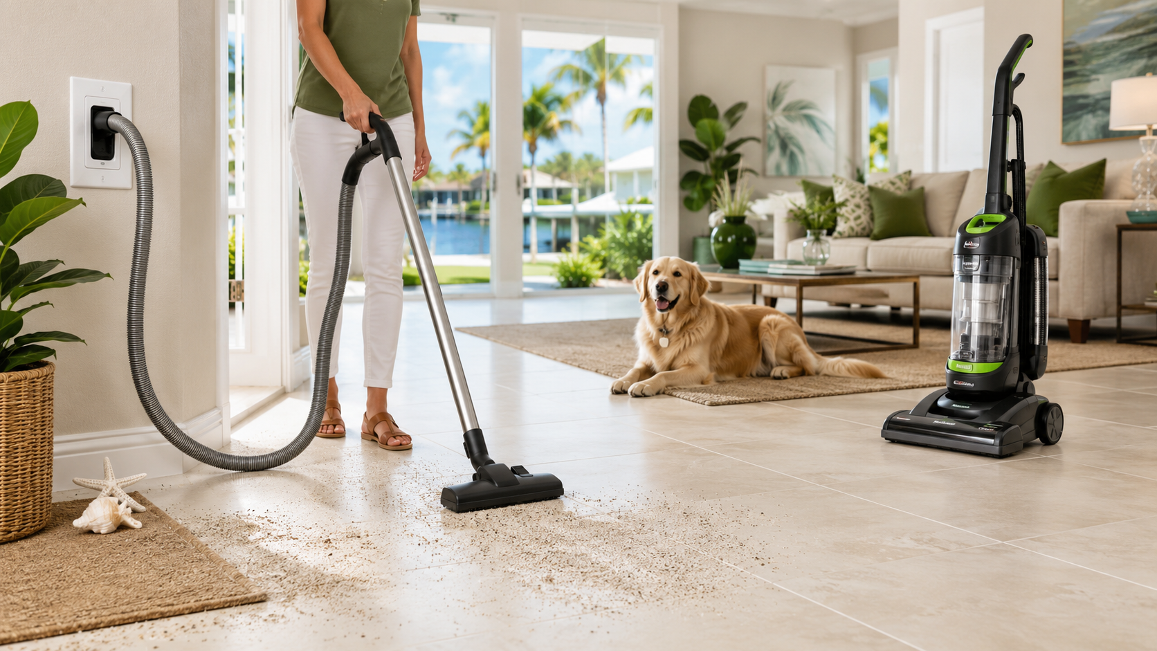 Central vacuum hose and upright vacuum in a bright Broward County home with tile floors, pet hair, and sand.
