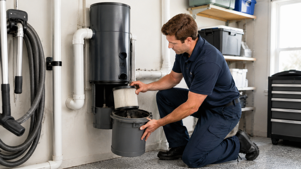 Technician checking a central vacuum wall inlet and hose connection for weak suction