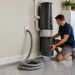Homeowner servicing a central vacuum system in a bright Coconut Creek garage