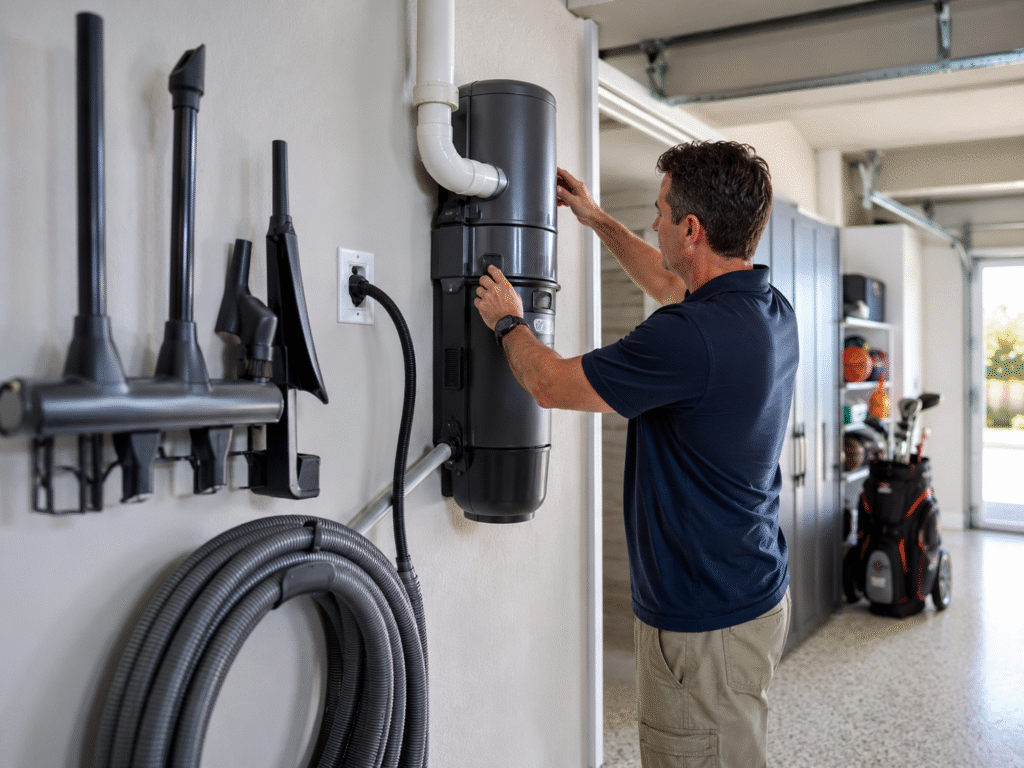 Technician inspecting a wall-mounted central vacuum system in a clean residential garage.