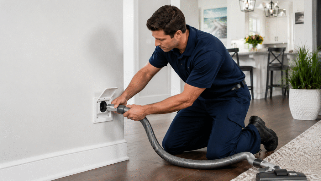Technician checking a central vacuum wall inlet and hose connection for weak suction