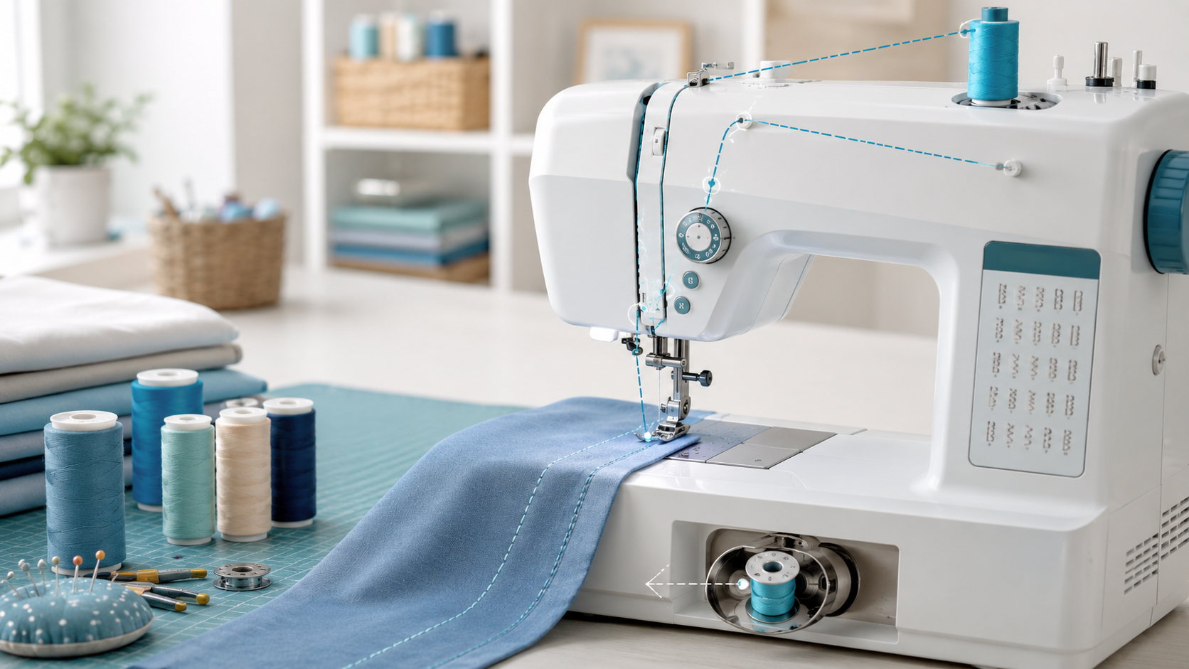 Sewing machine with blue thread and fabric showing thread path for tension troubleshooting in Tamarac