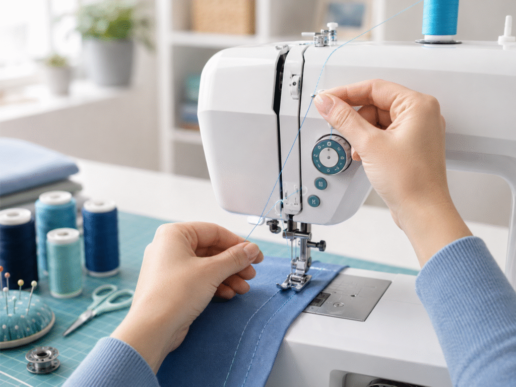 Hands threading a sewing machine with blue thread while checking tension near the needle and tension dial