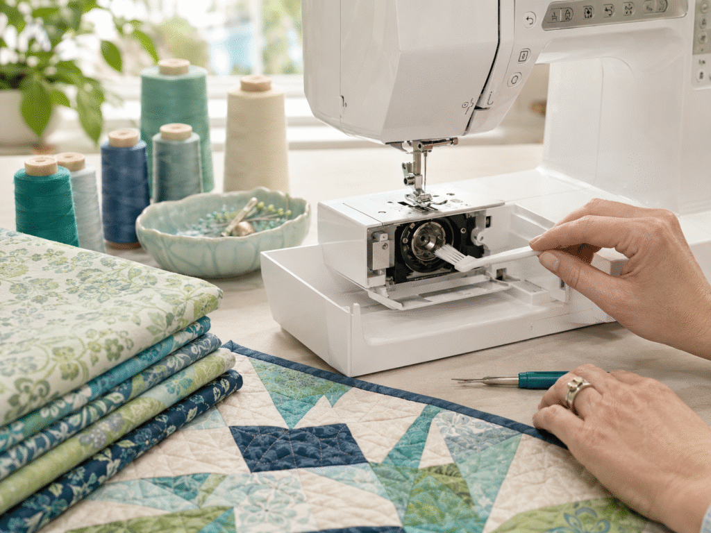 Close-up of a sewing machine bobbin area being cleaned before quilting with thread spools and quilt fabric nearby