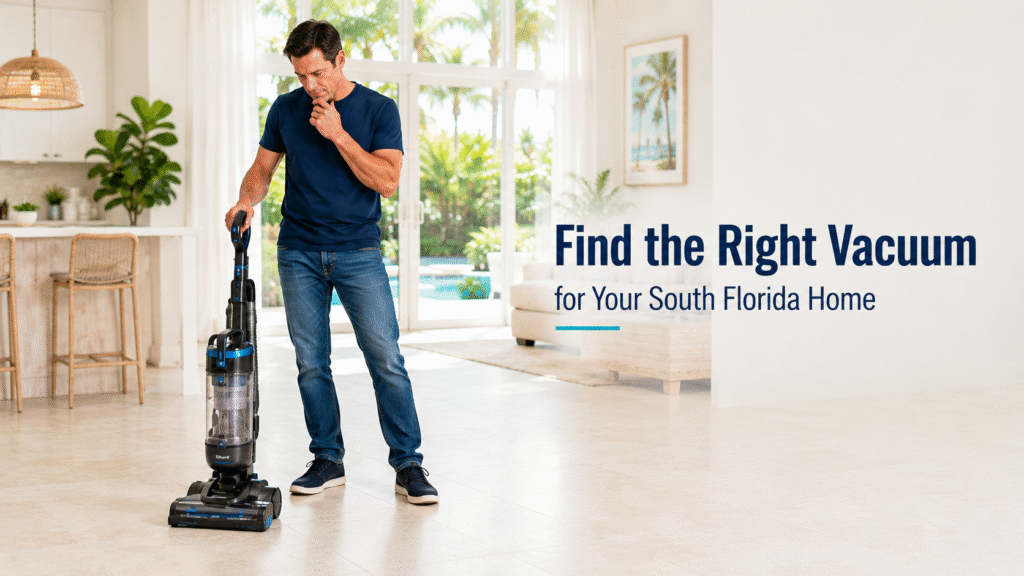 Homeowner comparing upright vacuum options in a bright South Florida home