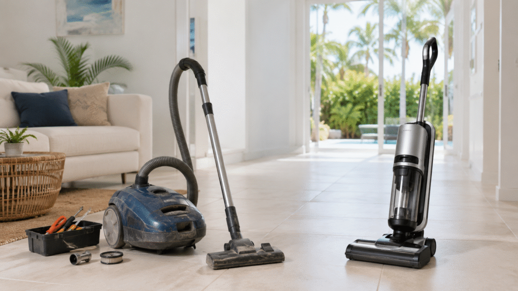 Older vacuum with repair tools beside a newer vacuum in a Tamarac home