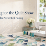 Sewing machine and quilt fabrics in a bright South Florida sewing room with text about preparing for a quilt show