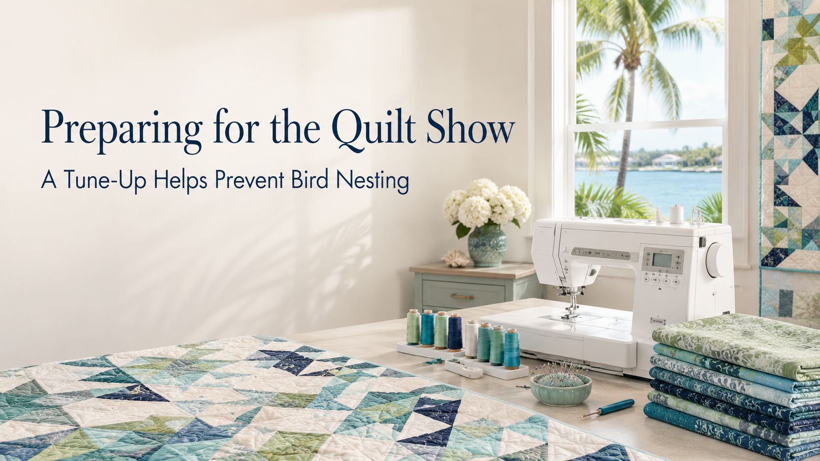 Sewing machine and quilt fabrics in a bright South Florida sewing room with text about preparing for a quilt show