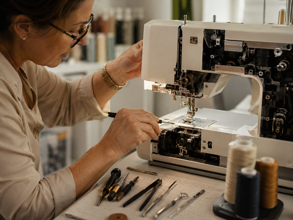 Technician performing maintenance on a high-end sewing machine in Boca Raton
