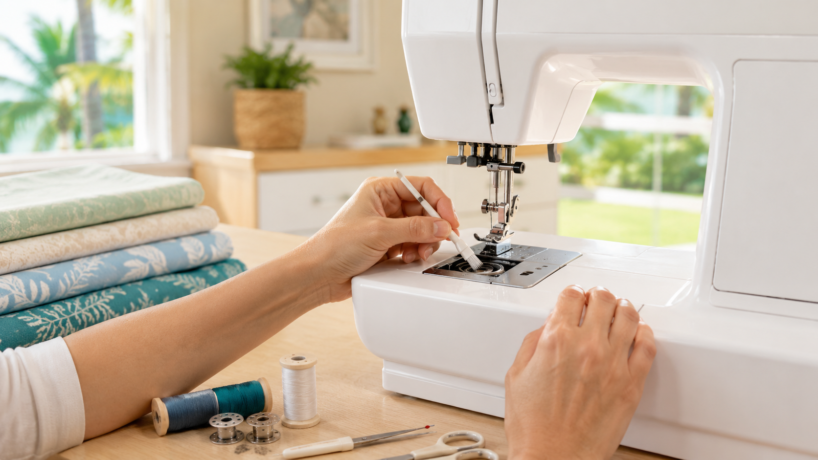 Sewing machine tune-up checklist for Tamarac and Coconut Creek sewers with a machine and sewing supplies in a South Florida home