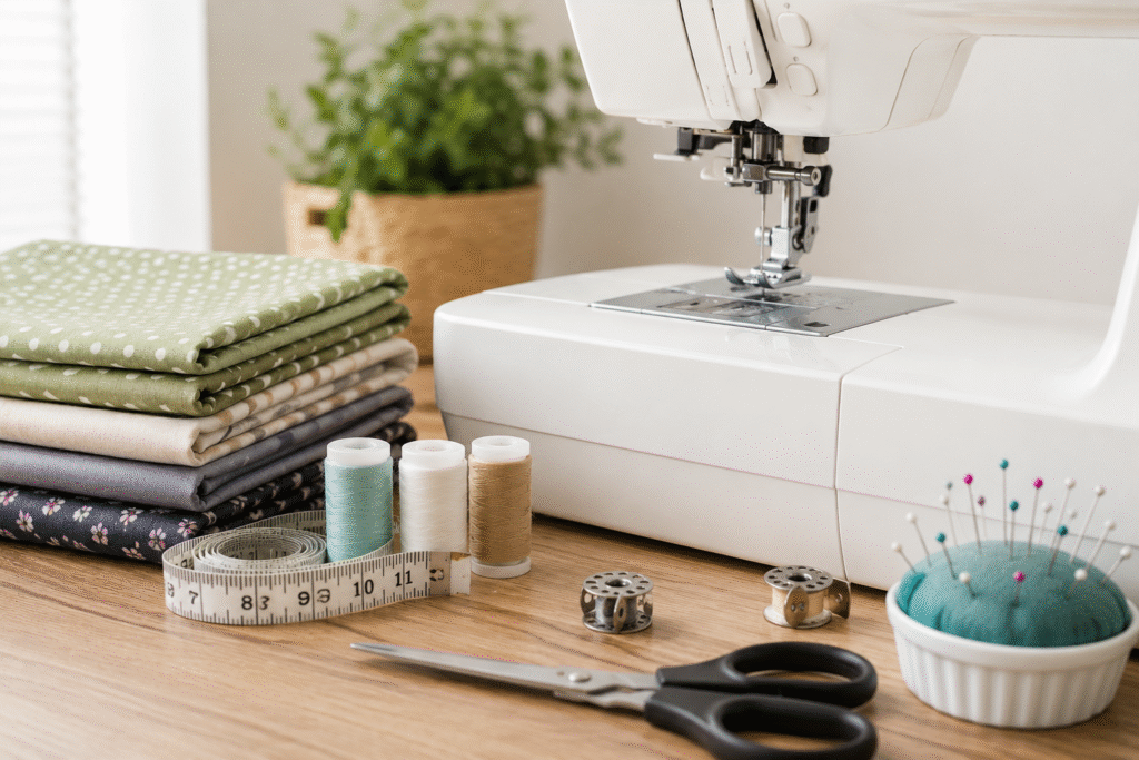 Close-up of a sewing machine with fabric, thread, scissors, bobbins, measuring tape, and sewing maintenance supplies