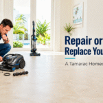 Older vacuum with repair tools beside a newer vacuum in a Tamarac home