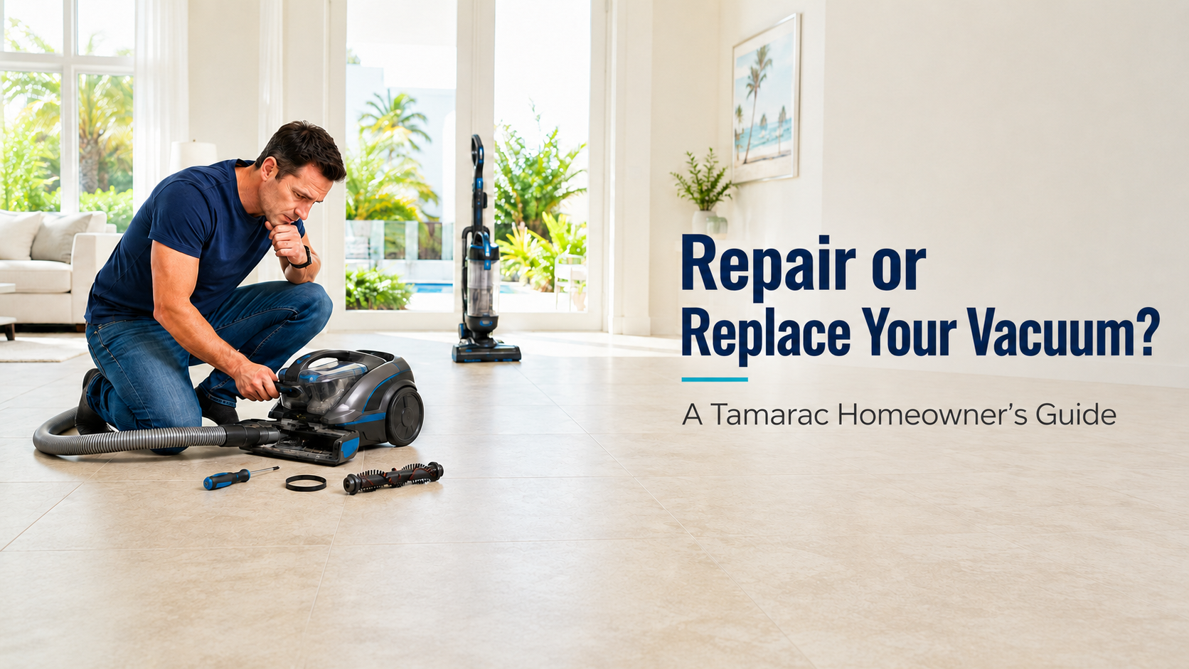 Older vacuum with repair tools beside a newer vacuum in a Tamarac home