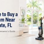 Woman with upright vacuum in bright Margate Florida home for Gator Vacuum buying guide