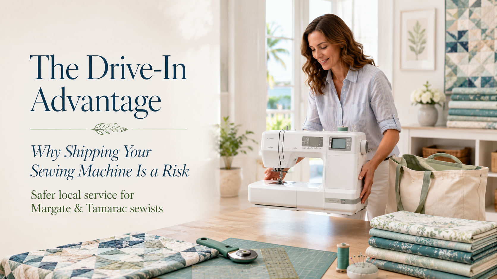 Woman bringing a sewing machine in for local repair in a bright South Florida sewing studio