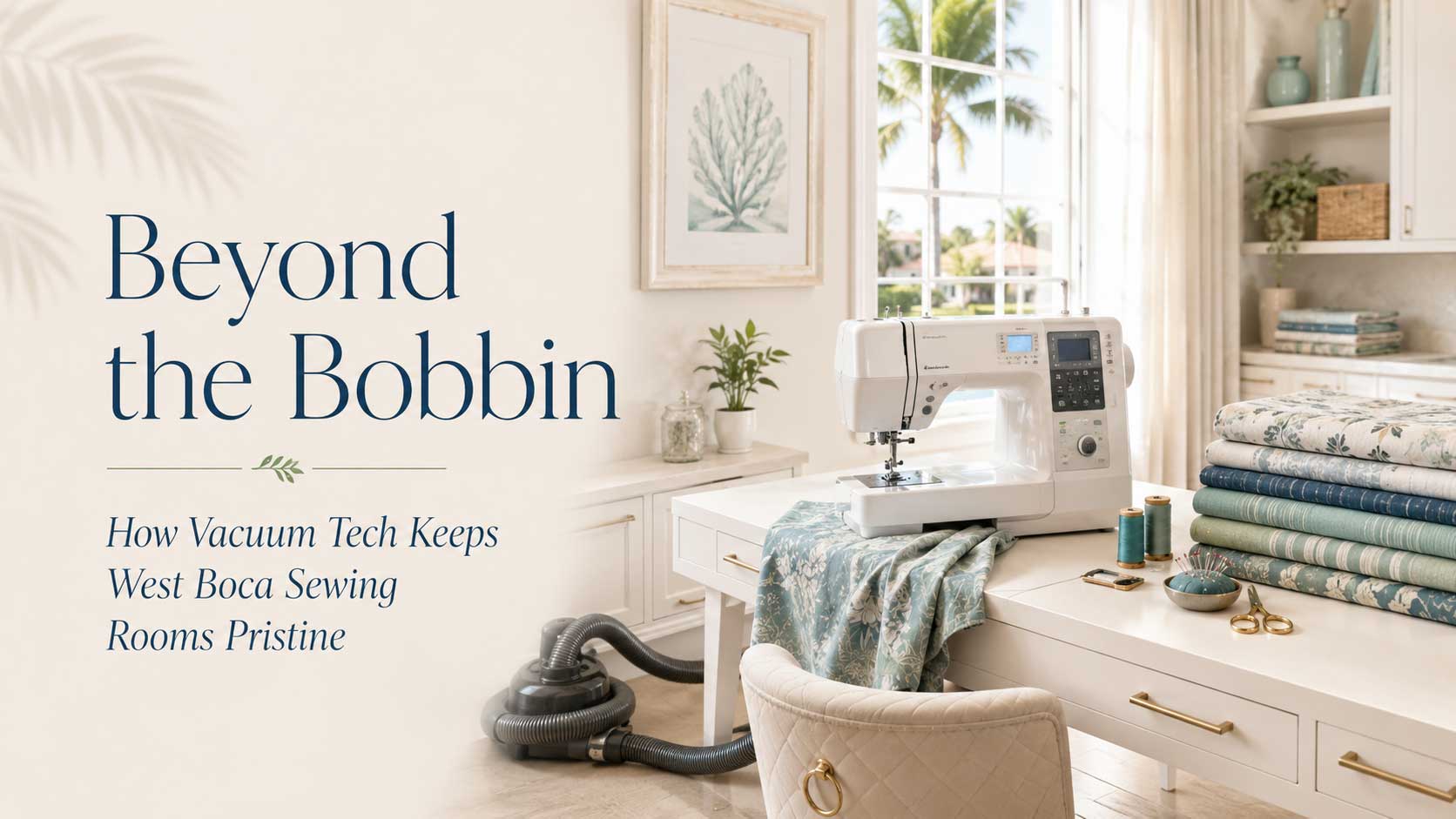 Bright West Boca sewing room with sewing machine, folded fabric, and vacuum equipment