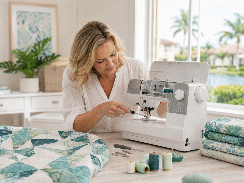 Sewing enthusiast inspecting a machine for local Coral Springs sewing machine repair