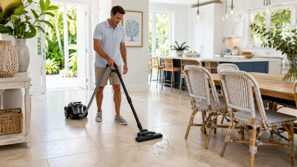 Man using a canister vacuum to remove sand and debris from tile floors in a South Florida home