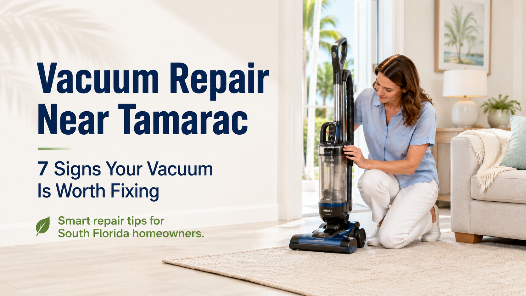 Vacuum repair near Tamarac with a homeowner checking an upright vacuum in a bright South Florida living room.