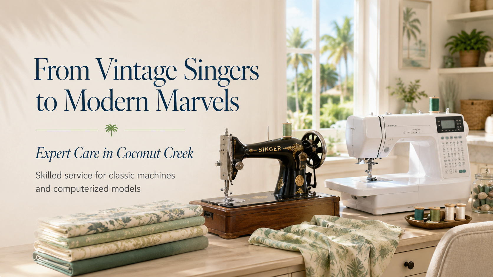 Vintage and modern sewing machines in a bright Coconut Creek sewing room
