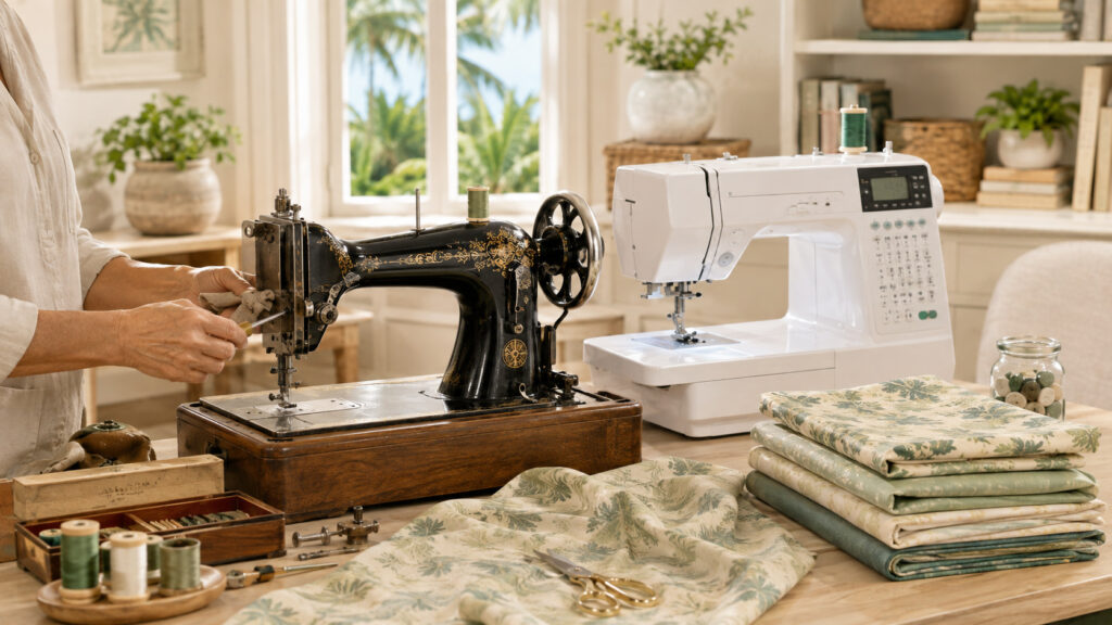 Technician servicing a vintage sewing machine beside a modern computerized model