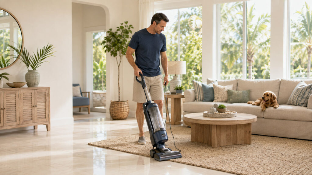 Man using an upright vacuum where tile flooring meets an area rug as a dog rests nearby