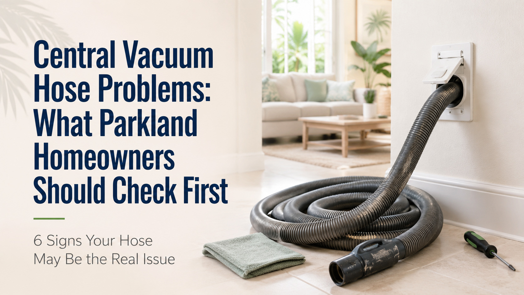 Central vacuum hose connected to a wall inlet in a Parkland home