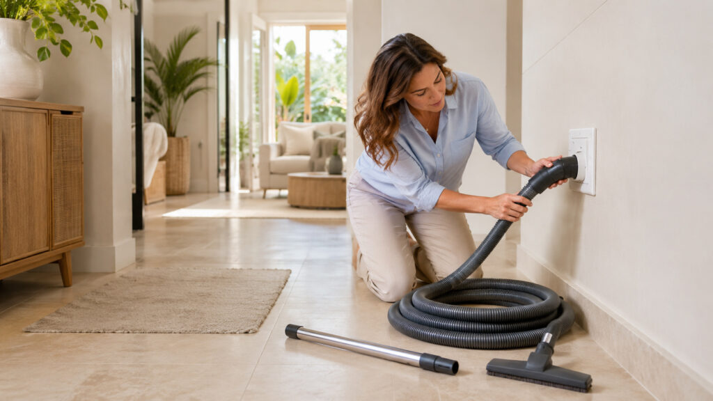 Homeowner inspecting a central vacuum hose and wall inlet