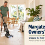 Margate pet owners’ guide banner showing a man vacuuming tile floors with a dog and cat nearby.
