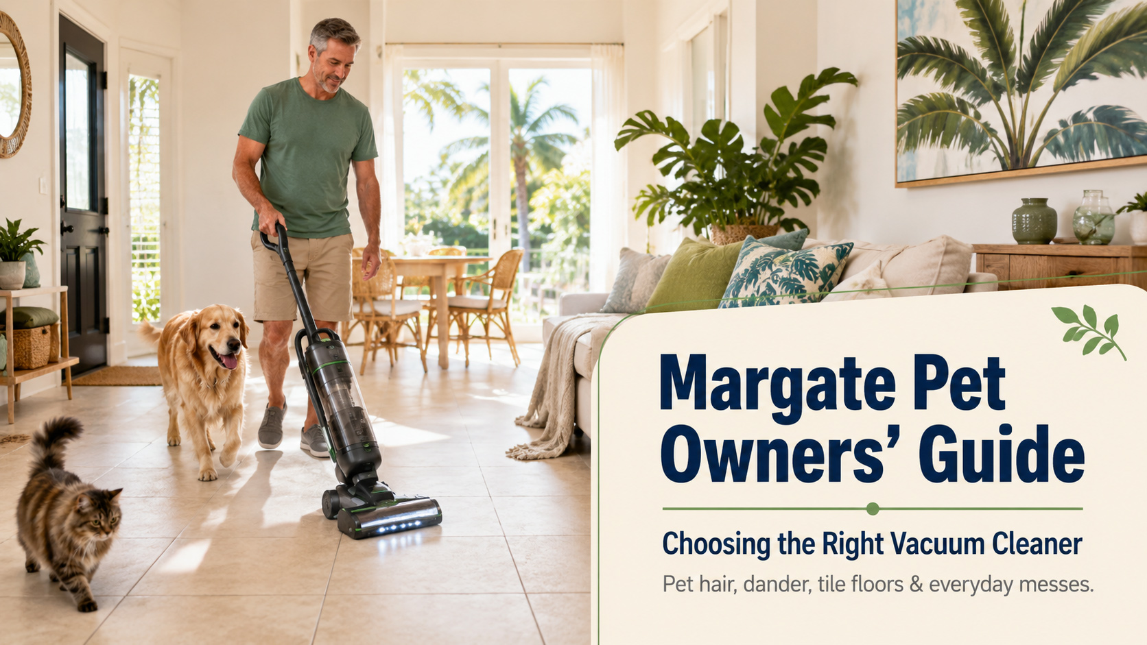 Margate pet owners’ guide banner showing a man vacuuming tile floors with a dog and cat nearby.