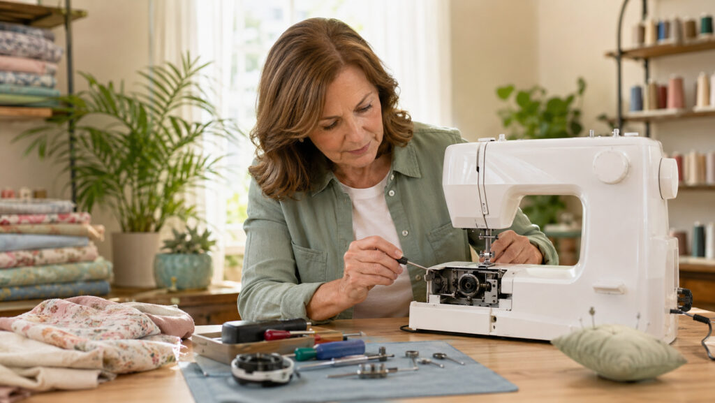Sewing machine technician inspecting and adjusting an open bobbin assembly