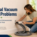 Parkland homeowner checking a central vacuum hose and wall inlet for potential problems