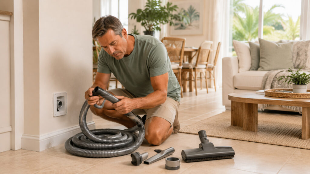 Homeowner inspecting a central vacuum hose and attachments for clogs, wear, or damaged connections