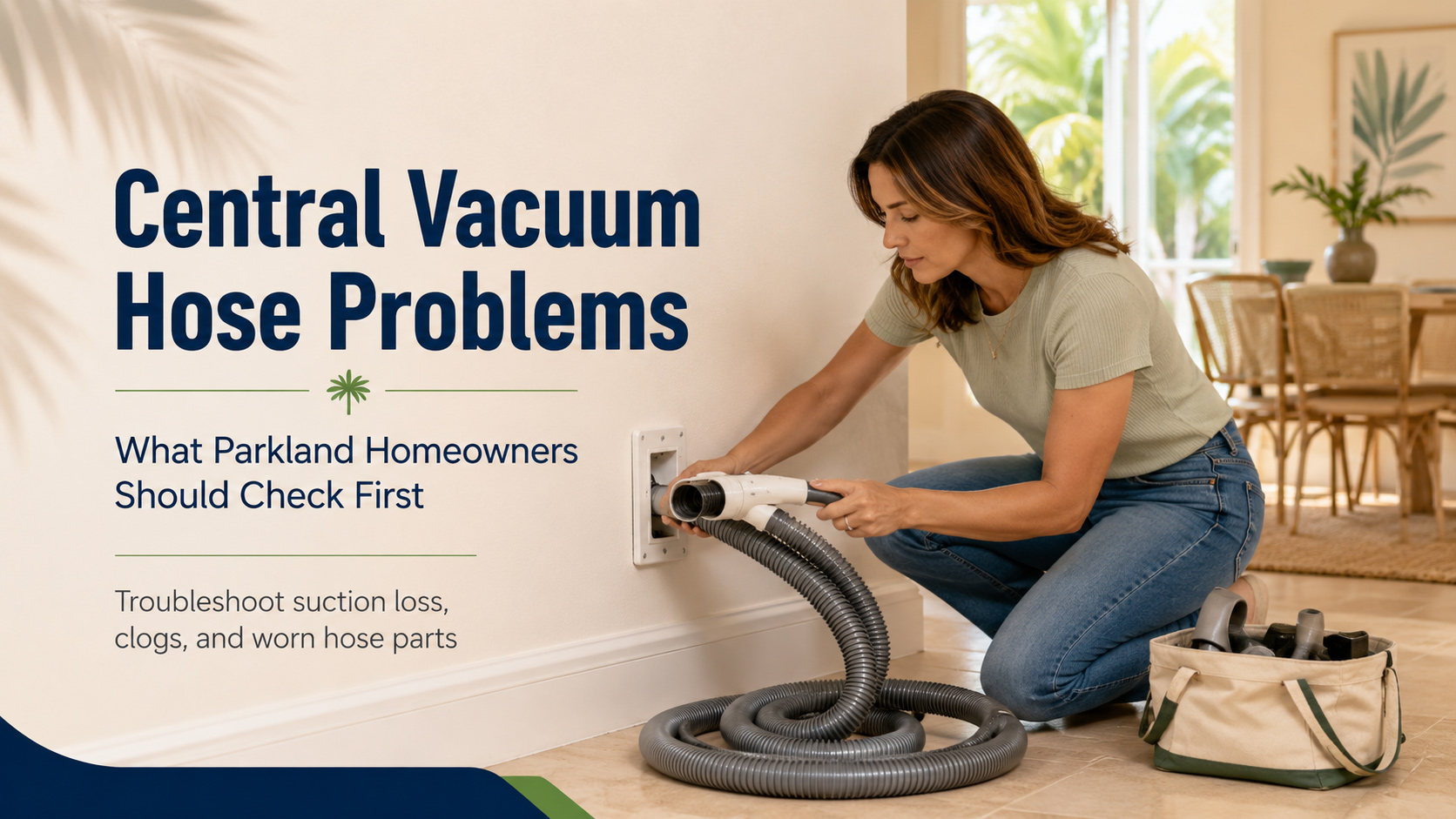 Parkland homeowner checking a central vacuum hose and wall inlet for potential problems