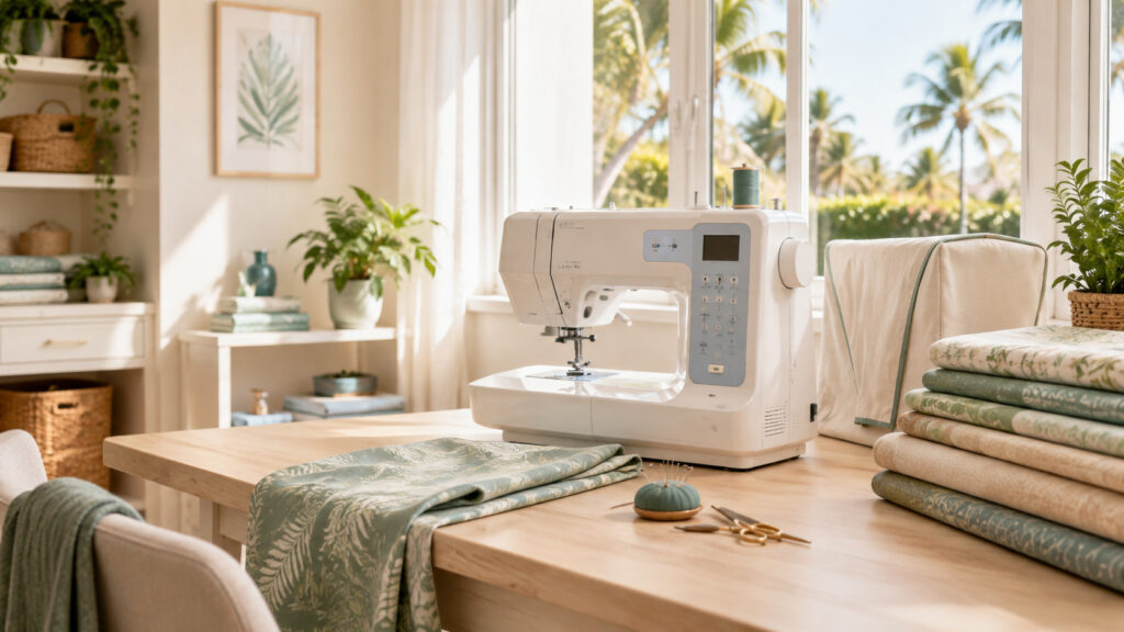 Sewing machine on a sunlit worktable with folded fabric and sewing tools in a South Florida home