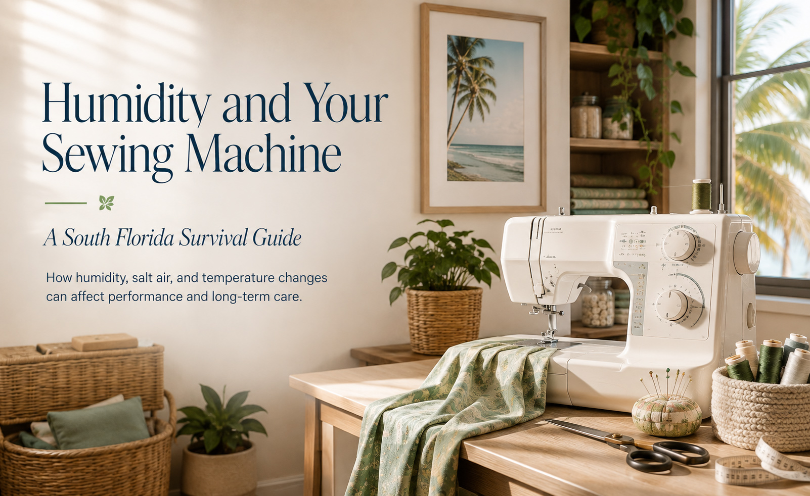 Banner showing a bright South Florida sewing room with a sewing machine and the title Humidity and Your Sewing Machine