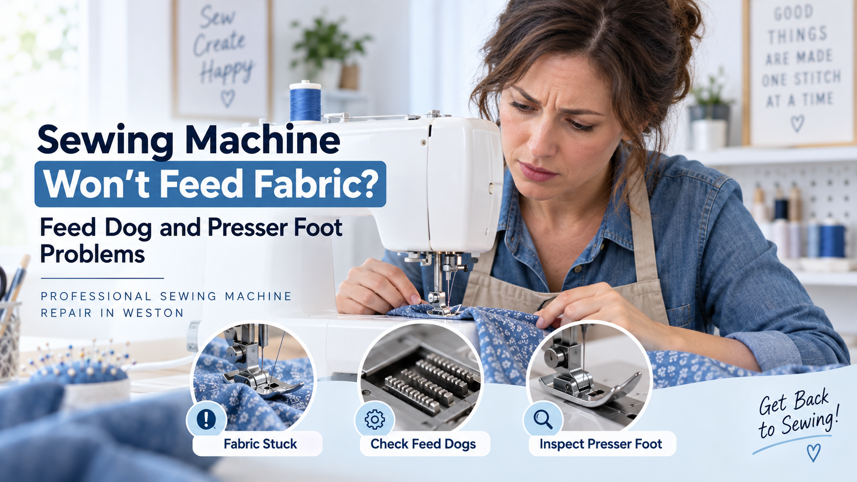 Sewing machine not feeding fabric during repair inspection in Weston, FL